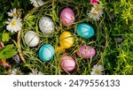 A basket of colorful Easter eggs surrounded by vibrant flowers and green grass, celebrating the joy of spring.