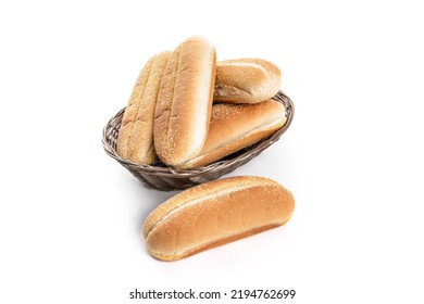 A Basket With Cornmeal Hotdog Buns Isolated On White