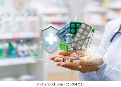 Basket Of Drugs In The Hands Of The Pharmacist. Concept Online Drugstore.