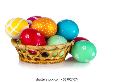 Basket With Easter Eggs On A White Background