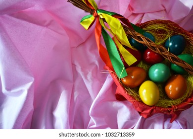 Basket With Easter Eggs And Easter Whip