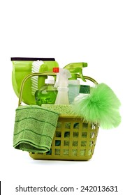 Basket Of Environmentally Safe Cleaning Supplies On White Background