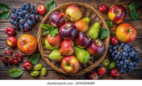 A basket filled with assorted fruits, including apples, pears, and grapes, arranged on a wooden table. - Powered by Shutterstock