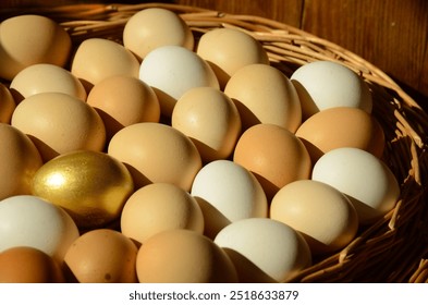 A basket filled with eggs, among which one stands out as a gleaming golden egg - Powered by Shutterstock