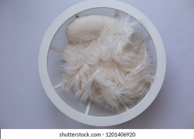 basket for the first newborn photo shoot. white basket. white fur. artificial fur - Shutterstock ID 1201406920