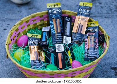 A Basket Of Flavored Tobacco Is Shown To Demand Los Angeles City Pass A Motion To End The Sale Of Candy-flavored Tobacco And Menthol Cigarettes That Target Children, April 7, 2021, Los Angeles.