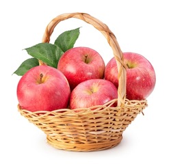 Basket Of Fresh Pink Apple Isolated On White Background, Pink Apple With Leaves On White Background With Clipping Path