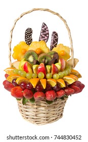 Basket With Fruits And Berries In Chocolate Isolated On White Background. Handmade. Strawberries And Grapes, Citrus, Apple, Kiwi And Pineapple. Gift Basket With Fruits And Sweets.