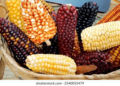 a basket full of Peruvian corn of different types and colors                              