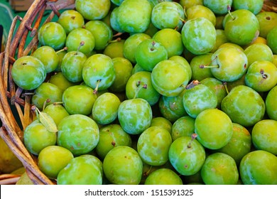 Basket of green gage plums (reine claude) at a farmers market - Shutterstock ID 1515391325