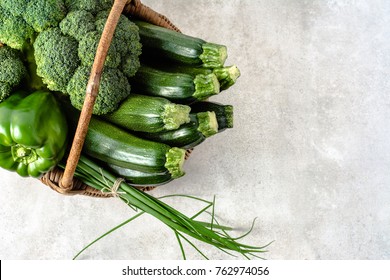 Basket With Green Vegetables, Farm Fresh Zucchini, Broccoli, Paprika. Organic Produce On Local Farmer Market.