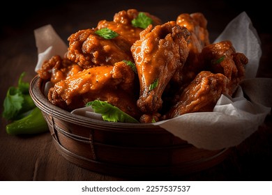 Basket of hot buffalo wings spicy juicy closeup isolated on dark background with natural lighting. display, whole and side view. frontal full view. lifestyle studio shoot. closeup view.	