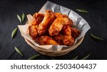 Basket of hot, spicy buffalo wings, juicy and closeup, isolated on a dark background with natural lighting. Whole and side view in a lifestyle studio shoot.
