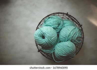 Basket With Knitting Bowls. Mint Yarn 