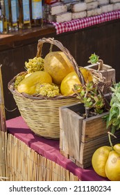 Basket Of Lemons With Another Food Products At A Fair Of Ibiza, Spain