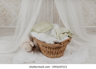 A Basket For A Newborn Baby Photo Session In A Photo Studio