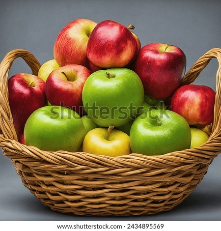 A basket overflowing with ripe apples of different varieties, including red, green, and yellow apples. High-angle shot