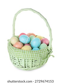 Basket with painted Easter eggs isolated on white