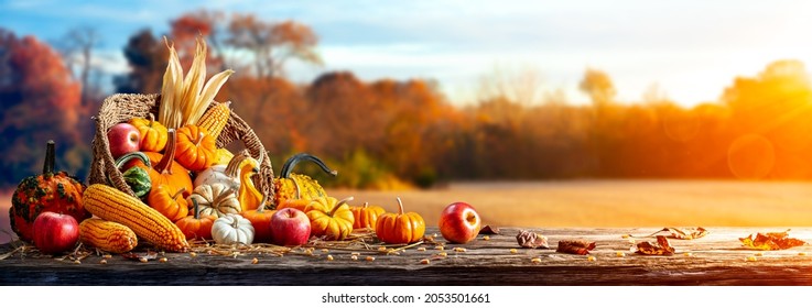 Basket Of Pumpkins, Apples And Corn On Harvest Table With Field Trees And Sky Background - Thanksgiving - Powered by Shutterstock