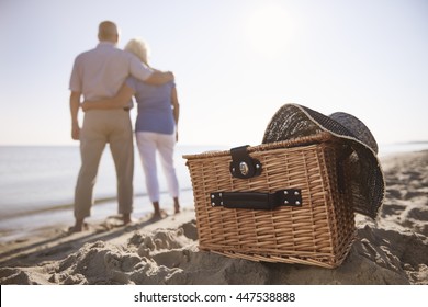 Basket Is Ready For Picnic On The Beach