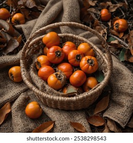 Basket of ripe persimmons placed on a burlap cloth, surrounded by fall leaves and acorns, emphasizing the fruit's seasonal appeal. - Powered by Shutterstock