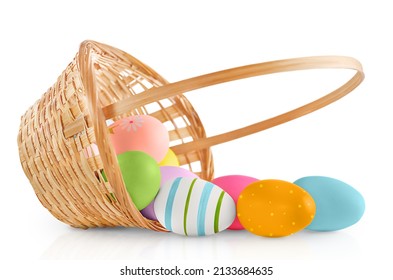basket with scattered Easter eggs on isolated white background