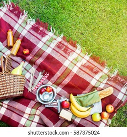 Basket Setting Food Fruit Checkered Plaid Picnic Grass Summer Time Rest Background Top View