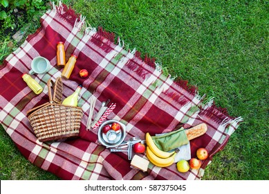 Basket Setting Food Fruit Checkered Plaid Picnic Grass Summer Time Rest Background Top View