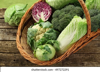 Basket with various cabbages - Savoy cabbage, romanesco, cauliflower, white head cabbage, broccoli, brussels sprouts, Chinese cabbage - isolated on wooden background