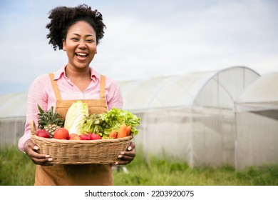 Basket with vegetables. Charming farmer woman holding wooden box full of fresh raw vegetables in the local farm or green house. - Powered by Shutterstock