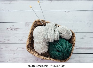 Basket Of Wool Yarn Knitting And Crochet Supplies