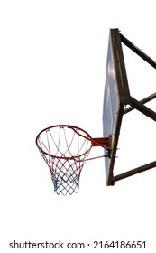 Basketball backboard and basket on a white clipping background. Bottom view