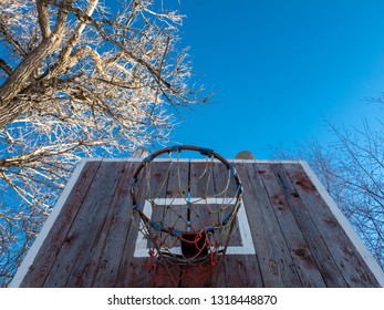 The Basketball basket close-up. Basketball ring. Old basketball hoop.