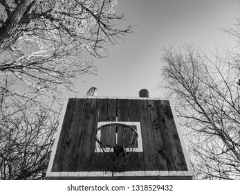 Basketball basket close-up. Basketball ring. Old basketball hoop.