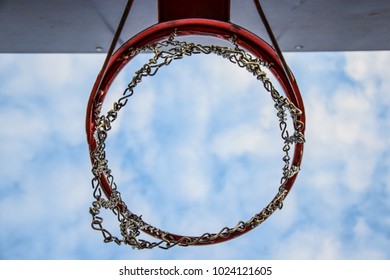 A basketball basket while looking up to the sky