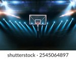 Basketball Championship. Modern Basketball Arena with Rings with Spotlights, Creative Idea. Tournament and Win. Basketball game with full hall of fans on dark background