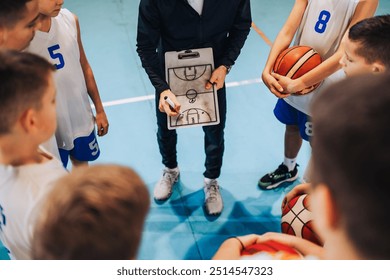 A basketball coach is seen discussing tactics with young kids on the court, emphasizing the sport's teamwork and strategy The focus is on teaching and the ball used in basketball - Powered by Shutterstock