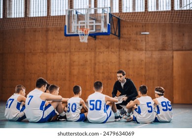 A basketball coach sits with his team in a circle on the court floor discussing tactics in a focused team strategy session in a gym - Powered by Shutterstock