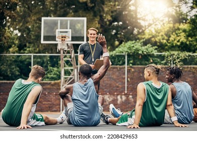 Basketball coaching, training meeting and team with question for coach during sports on outdoor court. Professional athlete sport group talking about university sport game on campus in Canada - Powered by Shutterstock