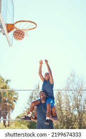 Basketball Court, Family Smile And Fun Together. Child Learning Sports, Outdoor Game And Exercise With Happy Dad. Share Special Development Moment, Throw Ball And Man Help Kid Reach Goal