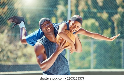 Basketball Court, Father And Child Smile Together With Playful And Funny Moment In Game Together. Happy, Fun And Healthy Black Family Have Outdoor Bonding Time In Sports Exercise Break.