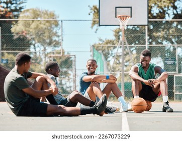 Basketball court, friends and men, break and team sports, social conversation and relax in community playground. Basketball players, rest and black people together after game, team training and match - Powered by Shutterstock