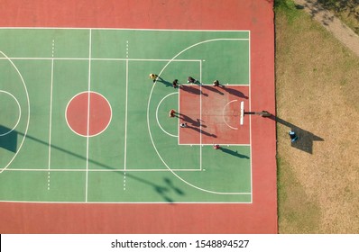 Basketball Court, Game On. Aerial Top View