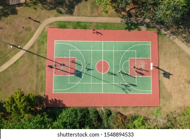 Basketball Court, Game On. Aerial Top View