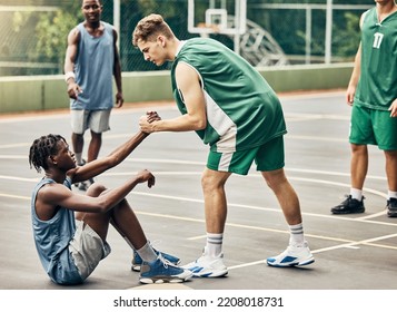 Basketball Court, Help Or Men Holding Hands In Exercise Wellness, Competition Workout Or School Training Game. Teamwork Support Or Sports Diversity In Match With Black Man Or Community Student Player