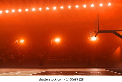 Basketball Court With Hoop. Red Background. Scattered Light.