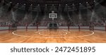 Basketball court with intense lighting, while hoop and scoreboard are ready for action on background with crowdy stages. Concept of sport games, competition, entertainment, action and motion