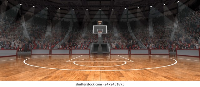 Basketball court with intense lighting, while hoop and scoreboard are ready for action on background with crowdy stages. Concept of sport games, competition, entertainment, action and motion