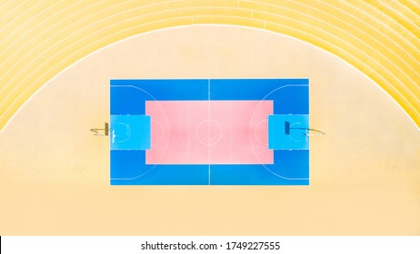 Basketball Court On Stadium From Above. Aerial Texture As A Sport Background.