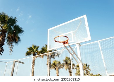 basketball court, basketball ring, outdoors, against the background of palm trees and tropical climate